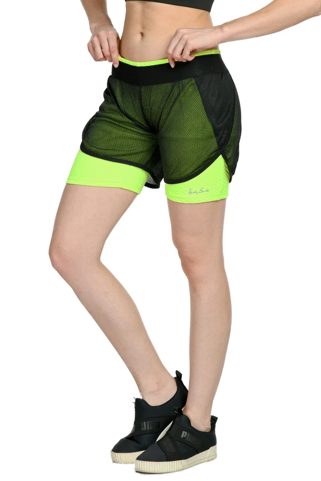 Body Smith Solid Mesh Black Neon Green Sports Shorts - M, Green