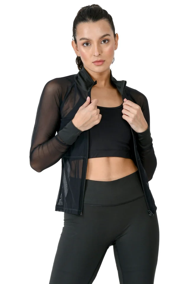 Body Smith Women Solid Full Sleeves Mesh Zipper - M, Black