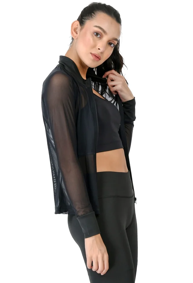 Body Smith Women Solid Full Sleeves Mesh Zipper - M, Black