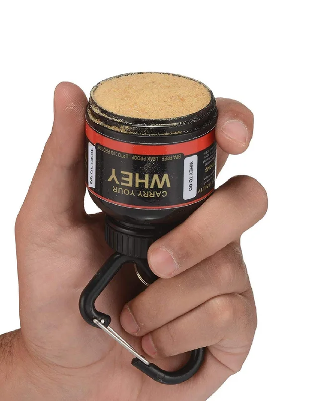 Body Smith Portable Protein or Supplement Powder Carrying Funnel and Container with Key-Chain |Carry Single serving protein supplement Upto 33 grams - Black, One Size