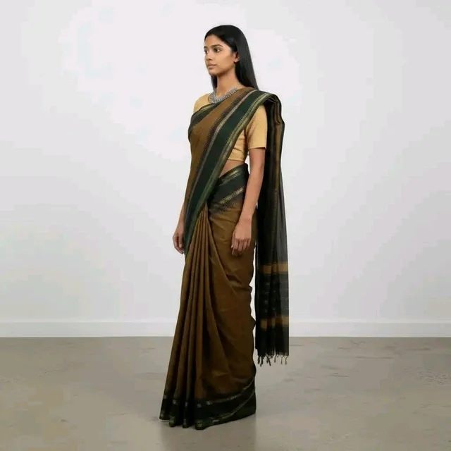 Olive Brown Kanchipuram Cotton Saree | Handwoven Temple Border Saree