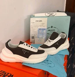 GrocoHub PRADA ITALY GREY WHITE SNEAKERS ULTRA LUXURY BRAND*
