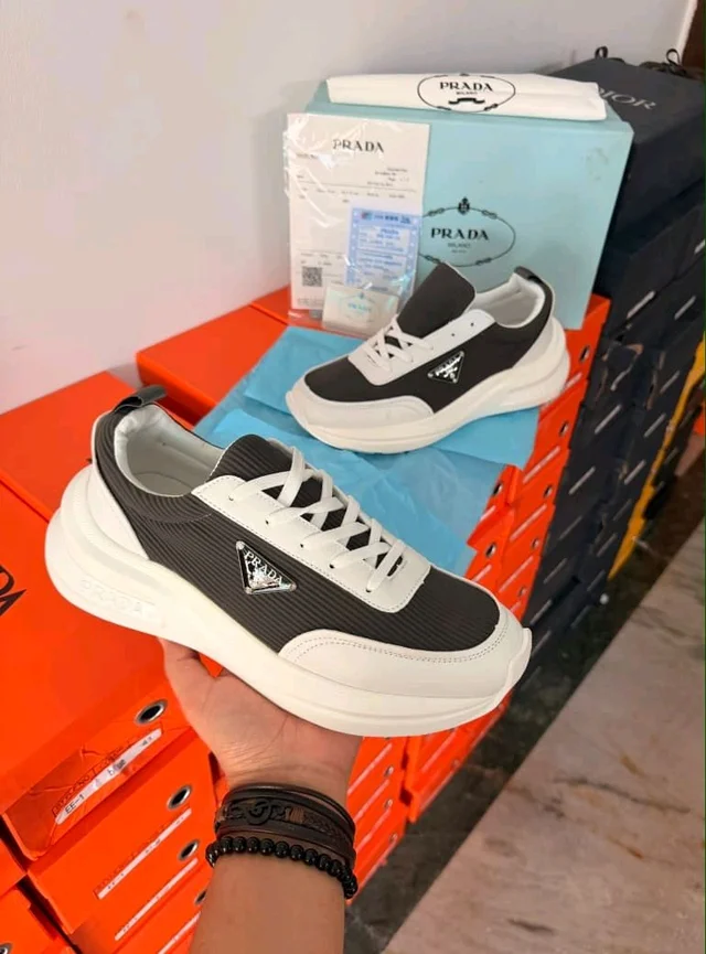 GrocoHub PRADA ITALY GREY WHITE SNEAKERS ULTRA LUXURY BRAND*