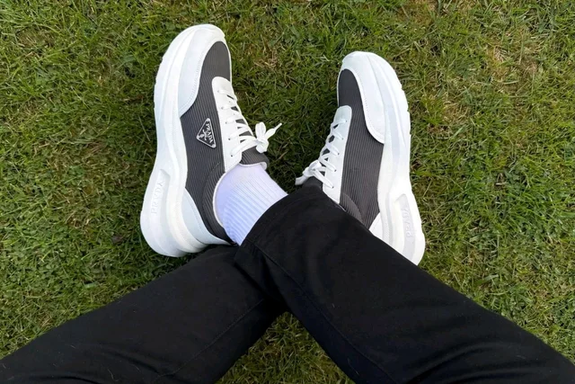 GrocoHub PRADA ITALY GREY WHITE SNEAKERS ULTRA LUXURY BRAND*