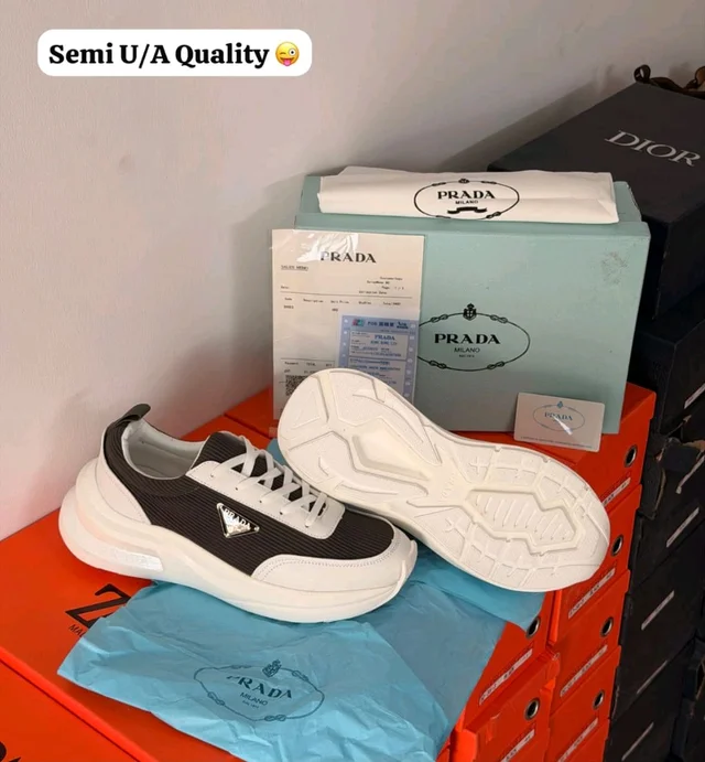 GrocoHub PRADA ITALY GREY WHITE SNEAKERS ULTRA LUXURY BRAND*