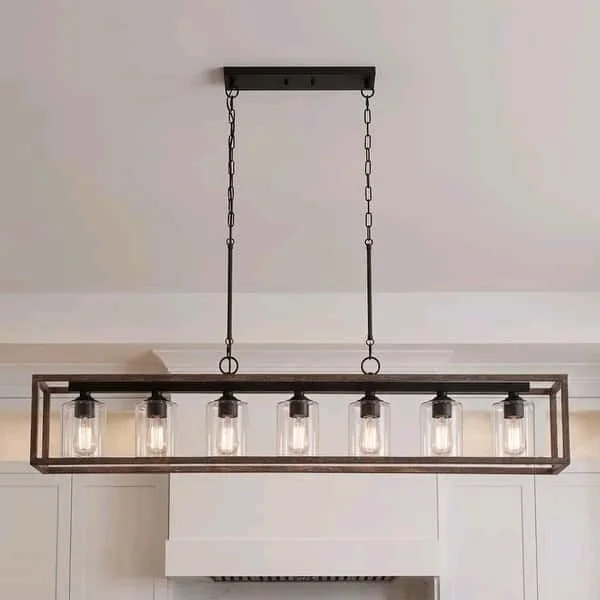Add a touch of vintage-inspired elegance to your home with the farmhouse linear Chandelier. Its open outer walnut-finished frame and rectangular silhouette make it the perfect addition to your kitchen island or dining room.  .buy Now Not Available Only Buy Link Here > https://yazing.com/deals/bedbathandbeyond/harishchandr12