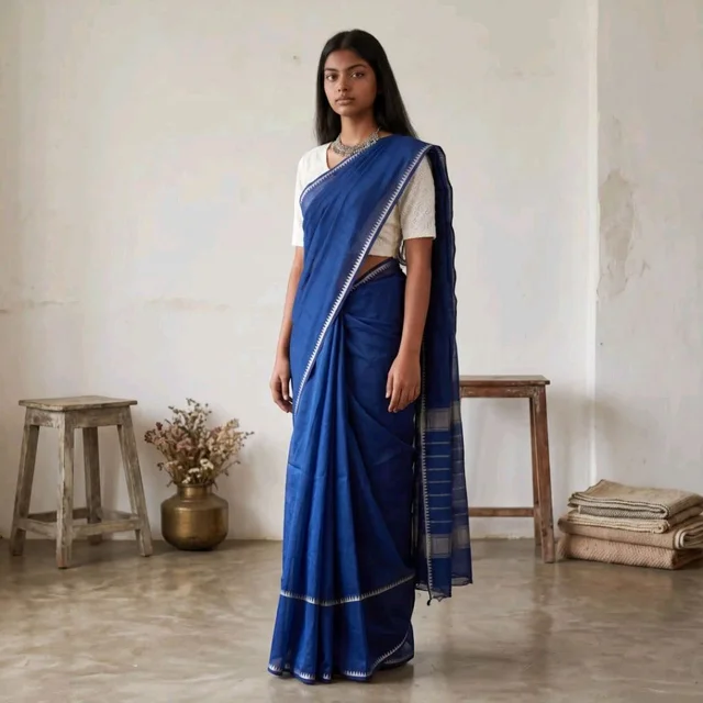 Handwoven Mangalgiri Silk-Cotton Saree in Navy with Temple Border