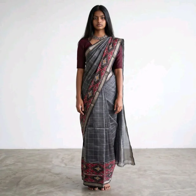 Charcoal Grey Mangalgiri Ikat Silk Saree, Temple Border,