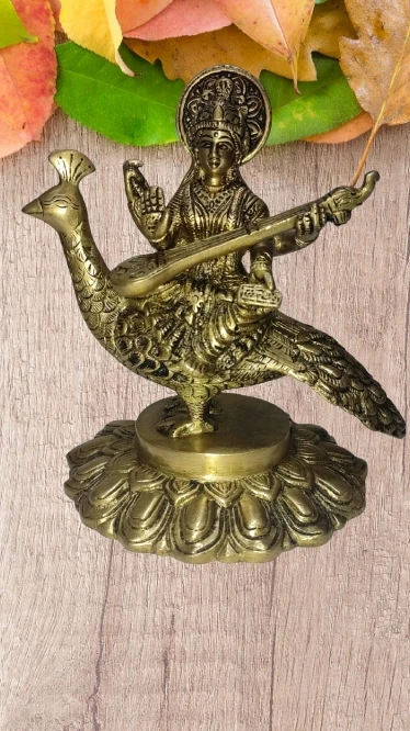 PJH 7" Saraswati Statue, Brass Saraswati Sitting ON Peacock - Hindu Goddess of Knowledge Sculpture, Best for Housewarming Wedding Gifts