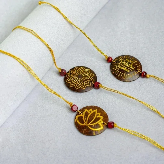 Rakhi - Eco-Friendly Coconut Shell Rakhis for Brothers (Includes 3 Rakhis, Jute Potli & Raksha Bandhan Card) - Set of 3