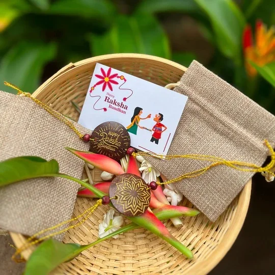 Rakhi - Eco-Friendly Coconut Shell Rakhis for Brothers (Includes 3 Rakhis, Jute Potli & Raksha Bandhan Card) - Set of 3