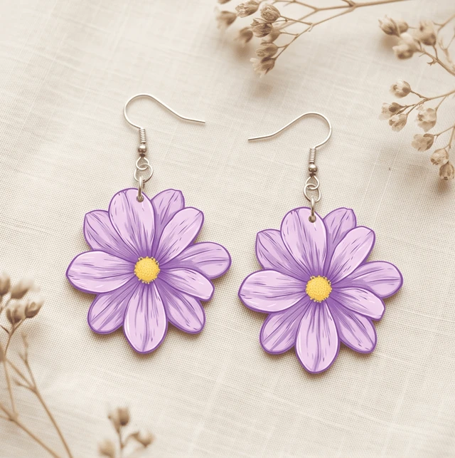 Purple Flower Printed Earrings – Elegant & Stylish Lightweight Earrings