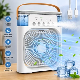 4-in-1 Portable Mini Air Cooler Fan with Mist Humidifier, 600ml Water Tank, 7 Color LED Night Light & USB Rechargeable Personal Cooler