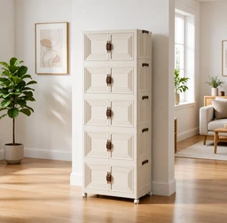 5-Layer Foldable Plastic Storage Cabinet with Wheels | Multipurpose Modular Organizer Cupboard | Double Door Storage Box for Clothes, Kitchen, Toys & Home