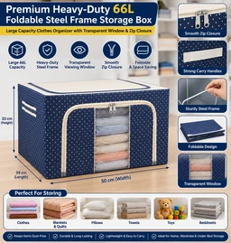 Premium Heavy-Duty 66L Foldable Steel Frame Storage Box – Large Capacity Clothes Organizer with Transparent Window & Zip Closure