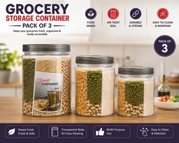 Airtight Grocery Storage Container Set – BPA-Free Plastic Kitchen Storage Jars for Rice, Pulses, Flour & Dry Foods (Pack of 3)