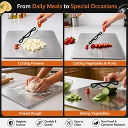 Large Stainless Steel Cutting Board | Multifunctional Chopping Board with Vegetable Slicer | Adjustable Cutting Guide | Food Grade Steel | Non-Slip Handle | 1 Pc