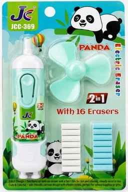 JC 2-in-1 Electric Eraser with Mini Fan | Cordless Electric Pencil Eraser for Kids | 16 Eraser Refills Included | Cute Panda Design | Battery Operated | 1 Pc