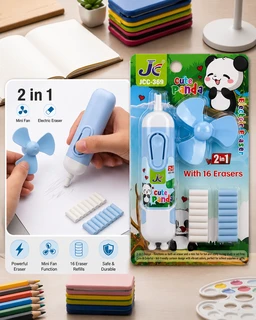JC 2-in-1 Electric Eraser with Mini Fan | Cordless Electric Pencil Eraser for Kids | 16 Eraser Refills Included | Cute Panda Design | Battery Operated | 1 Pc