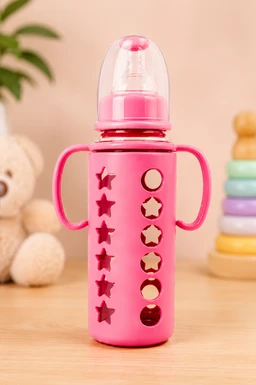 Glass Baby Feeding Bottle with Silicone Cover (240ml/8oz) | BPA Free | Leak Proof | Heat Resistant | Easy Grip Handles | Clear Measurement Markings | Pink
