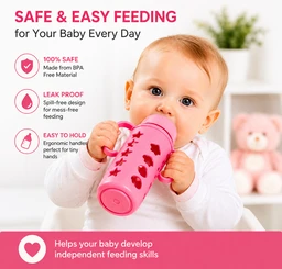 Glass Baby Feeding Bottle with Silicone Cover (240ml/8oz) | BPA Free | Leak Proof | Heat Resistant | Easy Grip Handles | Clear Measurement Markings | Pink
