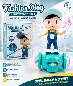 Fashion Boy 360° Rotating Dancing Toy Car with 5D LED Lights & Music | Battery Operated Omni-Directional Bump & Go Toy for Kids (3+ Years)