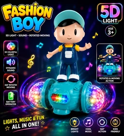 Fashion Boy 360° Rotating Dancing Toy Car with 5D LED Lights & Music | Battery Operated Omni-Directional Bump & Go Toy for Kids (3+ Years)