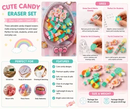 Cute Candy Eraser Set for Kids | Mini Candy Shape Pencil Erasers | Colorful School Stationery | Non-Toxic Rubber | 18 Pieces
