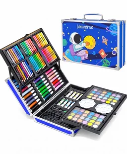 145 Pcs Space Theme Art Kit for Kids – Portable Drawing & Painting Set with Color Pencils, Crayons, Sketch Pens, Watercolors & Art Supplies
