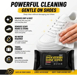 Shoe Cleaning Wipes (80 Count) | No Water Shoe Cleaner for Sneakers, White Shoes, Leather, Canvas & Sports Shoes | Removes Dirt, Scuff Marks & Stains