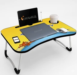 Foldable Wooden Study Table for Bed – Multipurpose Laptop Desk with Tablet Holder, Cup Holder & Mobile Stand | Portable Work from Home & Study Table