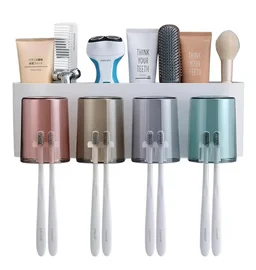4 Cup Wall Mounted Toothbrush Holder with Storage Shelf for Bathroom | Self-Adhesive Toothbrush & Toothpaste Organizer