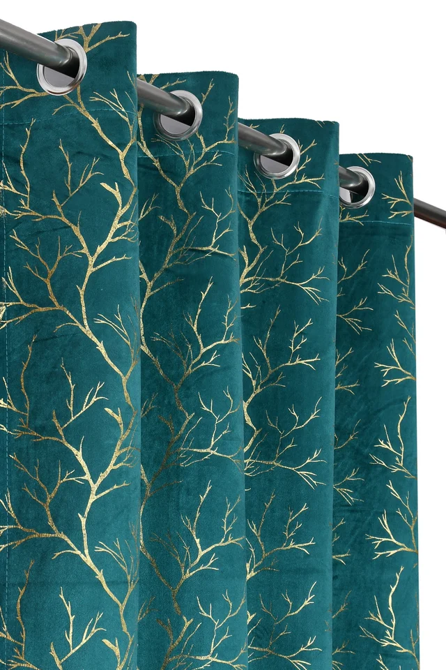 Panipat Textile Hub Aqua velvet Premium Shining Foil Chinaar Print Blackout Curtains Pack Of 2 - Window (4 x 5 Feet), Tradewind