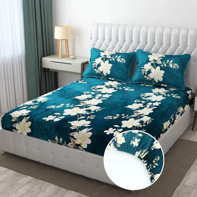Green Warm Double Bed Woollen & Velvet Fitted Bedsheet