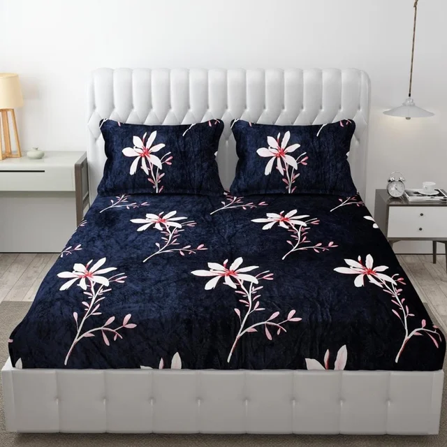 Blue Warm Double Bed Woollen & Velvet Fitted Bedsheet