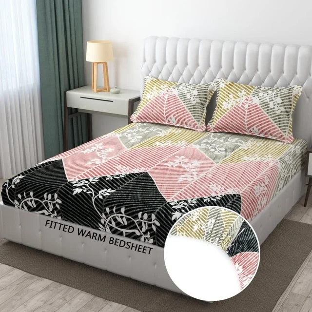 Yellow Warm Double Bed Woollen & Velvet Fitted Bedsheet