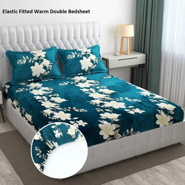 Green Warm Double Bed Woollen & Velvet Fitted Bedsheet