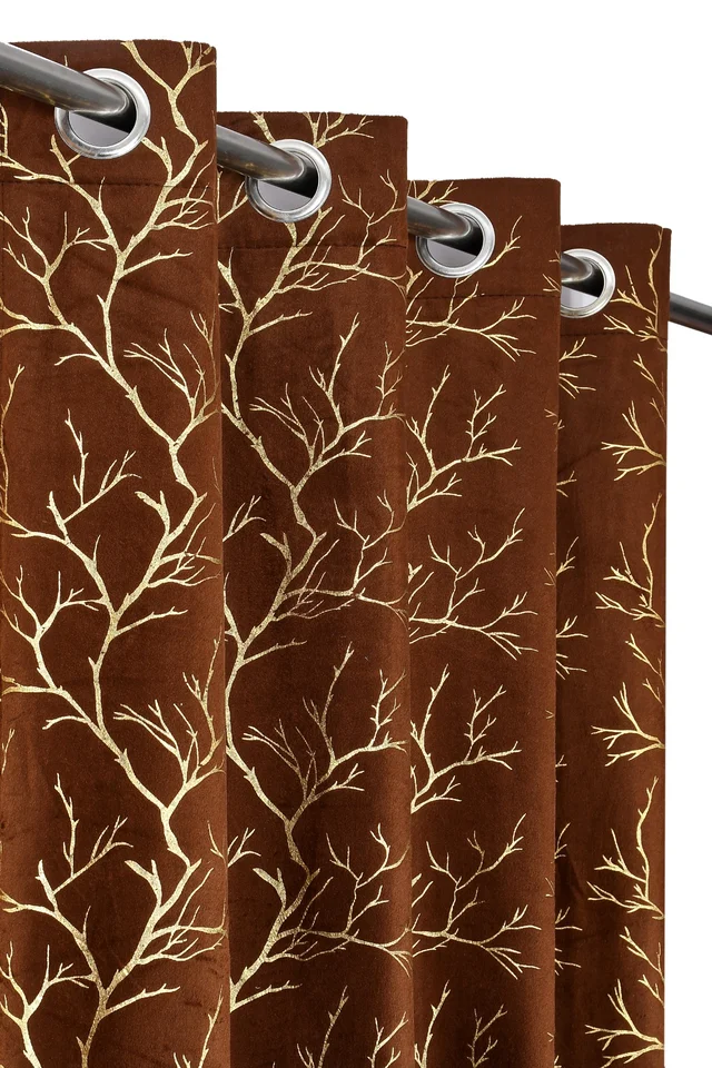 Brown velvet Premium Shining Foil Chinaar Print Blackout Curtains Pack of 2 