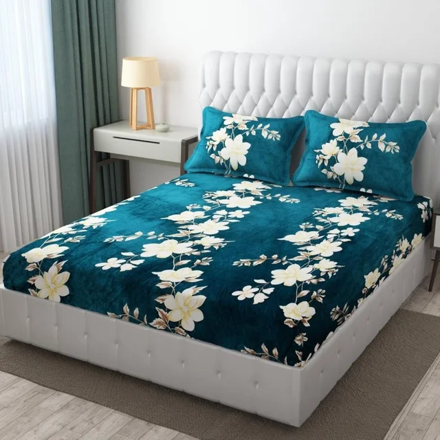 Green Warm Double Bed Woollen & Velvet Fitted Bedsheet