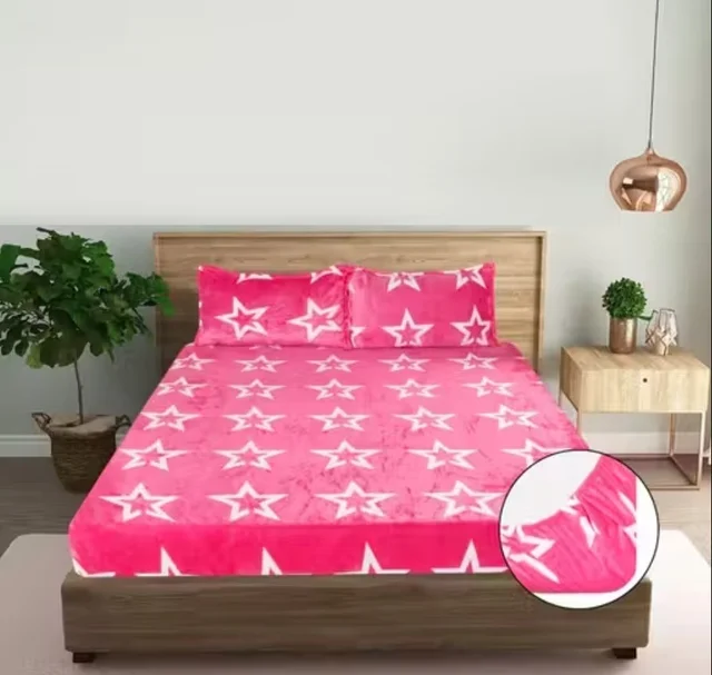Pink Warm Double Bed Woollen & Velvet Fitted Bedsheet