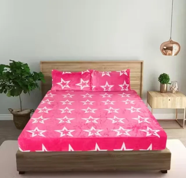 Pink Warm Double Bed Woollen & Velvet Fitted Bedsheet
