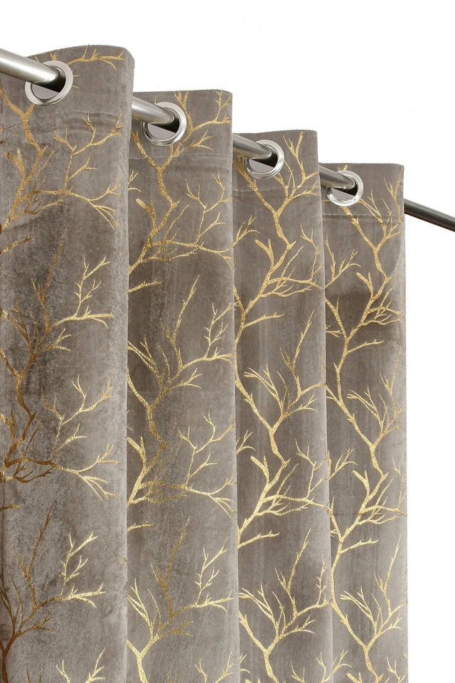Grey velvet Premium Shining Foil Chinaar Print Blackout Curtains Pack of 2 - Door (4 x 7 Feet), Grey