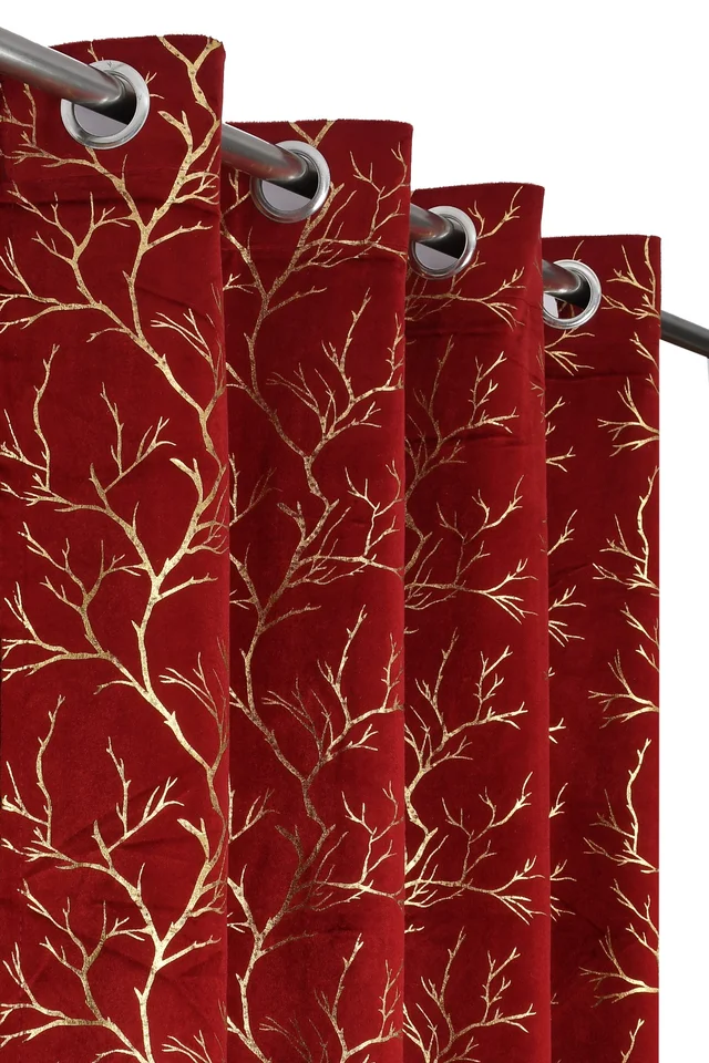Maroon velvet Premium Shining Foil Chinaar Print Blackout Curtains Pack of 2 - Door (4 x 7 Feet), Maroon