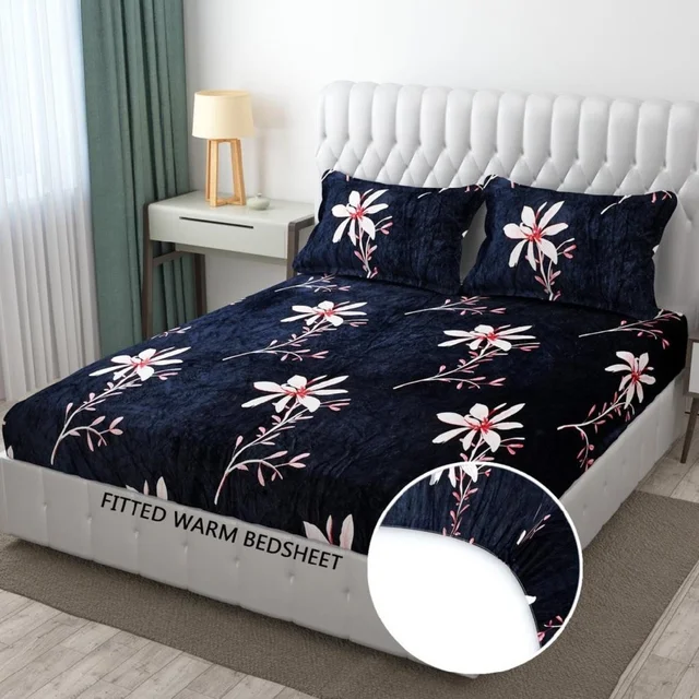 Blue Warm Double Bed Woollen & Velvet Fitted Bedsheet