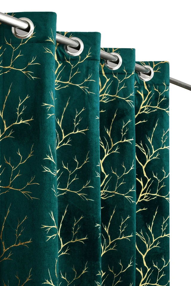 Dark Green velvet Premium Shining Foil Chinaar Print Blackout Curtains Pack of 2 - Window (4 x 5 Feet), Green