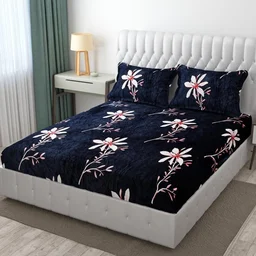 Blue Warm Double Bed Woollen & Velvet Fitted Bedsheet