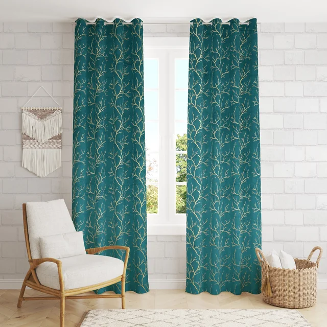 Panipat Textile Hub Aqua velvet Premium Shining Foil Chinaar Print Blackout Curtains Pack Of 2 - Window (4 x 5 Feet), Tradewind
