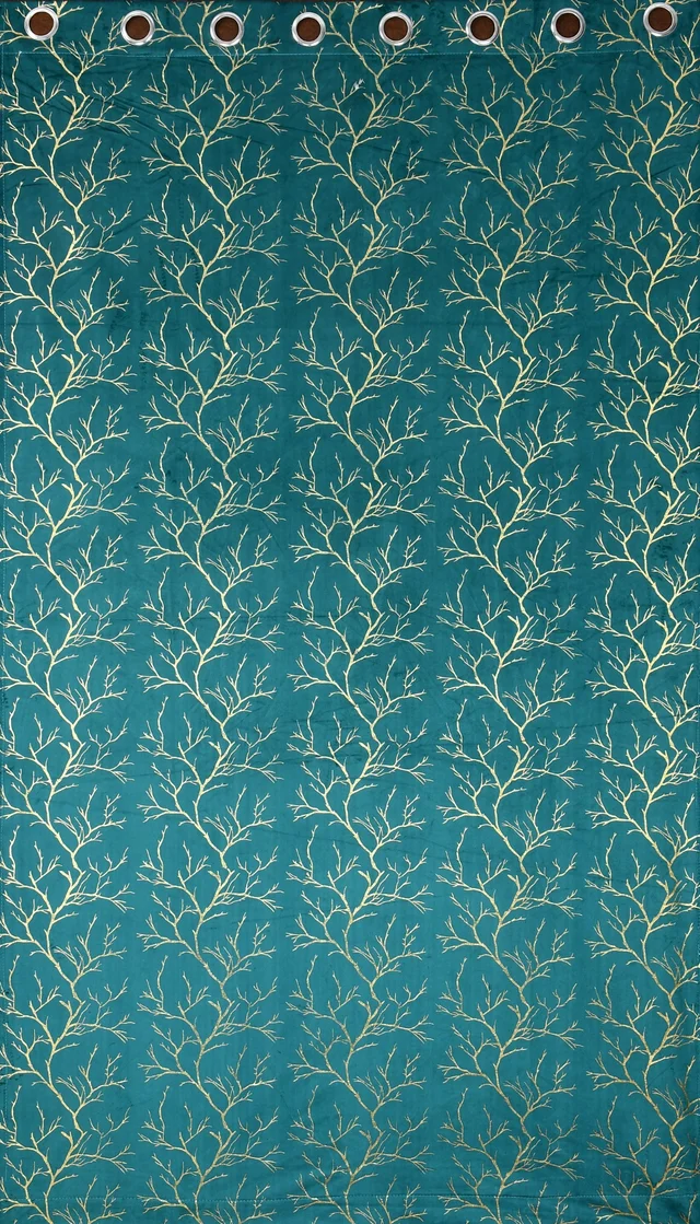 Panipat Textile Hub Aqua velvet Premium Shining Foil Chinaar Print Blackout Curtains Pack Of 2 - Window (4 x 5 Feet), Tradewind