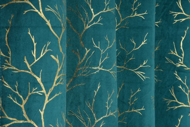Panipat Textile Hub Aqua velvet Premium Shining Foil Chinaar Print Blackout Curtains Pack Of 2 - Window (4 x 5 Feet), Tradewind