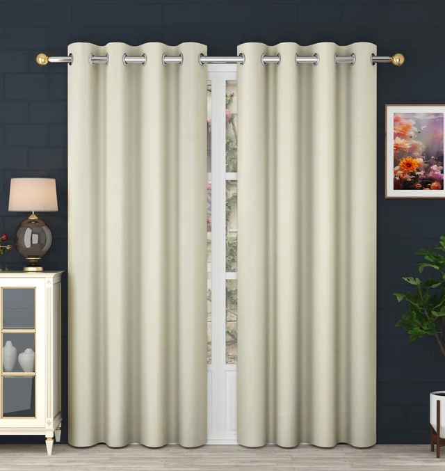 Panipat Textile Hub Polyester Eyelet Cream Solid Blackout curtains Pack of 2 - Window (4x5 Feet)